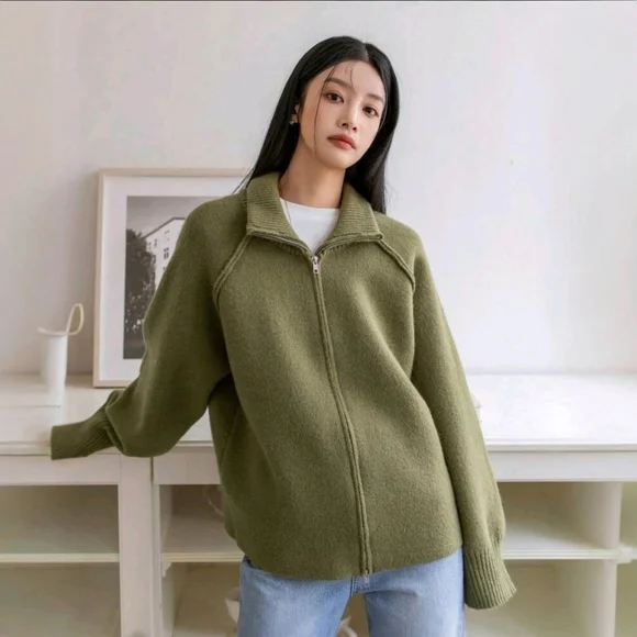 Zippered Mock Neck Cardigan ▪︎ Army Green ▪︎ LG - Picture 6 of 16